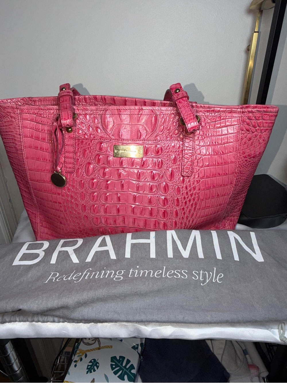 Brahmin Hot Pink Croc-Embossed Asher Tote EUC